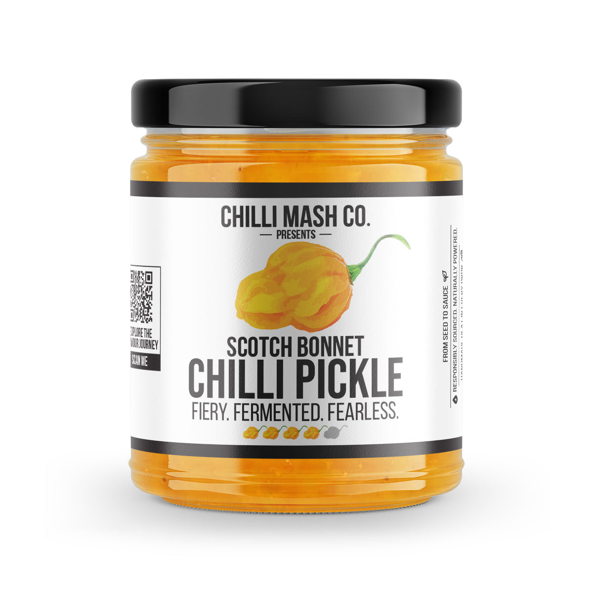 Jar of Scotch Bonnet Chilli Pickle from Chilli Mash Co. on a white background
